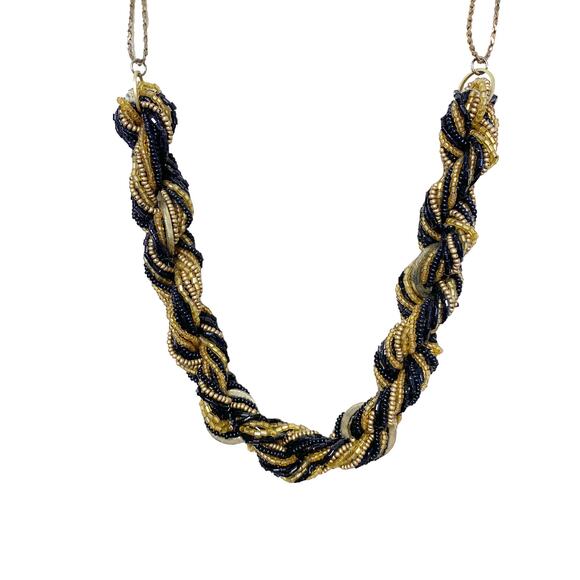 Vintage Twisted Beaded Rope Gold Black Chunky Statement Necklace - Picture 2 of 6